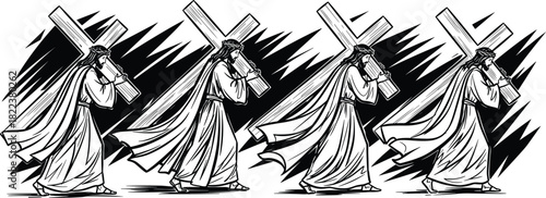 Jesus carrying the cross illustration, biblical passion artwork, Christian religious drawing, suffering Savior depiction, detailed holy vector design, faith symbolism