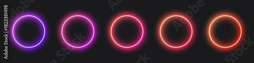 A series of neon circles displaying vibrant gradient colors, perfect for digital design or abstract concepts.