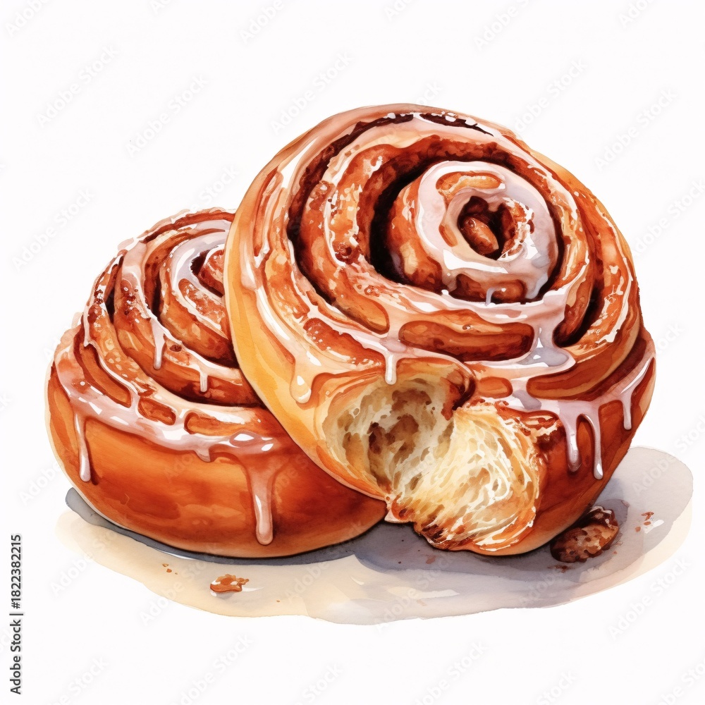 Fototapeta premium Delicious watercolor cinnamon rolls with creamy icing, ready to eat and enjoy for breakfast
