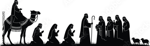 Silhouette of biblical travelers with camel, kneeling figures, shepherd greeting group, pastoral scene representing ancient journey, devotion, faith, and tradition