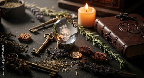 Occult ritual setup. Crystal ball showing mystic face, glowing candle, ancient book with symbols, weathered keys, and dried herbs on dark textured surface. Mysticism, magic, divination.