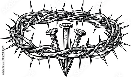 Crown of thorns with crucifixion nails in detailed vintage engraving style, symbolic Christian artwork representing sacrifice, suffering, and redemption