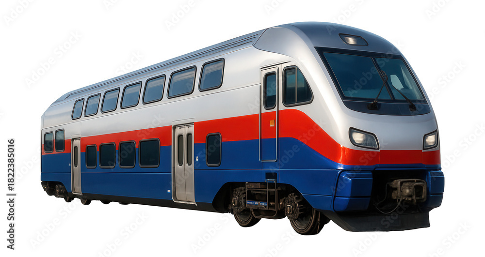 Naklejka premium Contemporary double-decker commuter train at a concrete station platform.