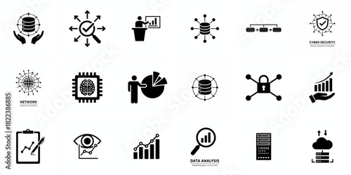 Data analytics icon set. Big data analysis technology symbol. Containing database, statistics, analytics, server, monitoring, computing and network icons. Solid icons vector collection.