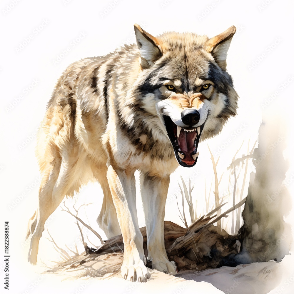Obraz premium Aggressive wolf showing its teeth in the wilderness in watercolor style
