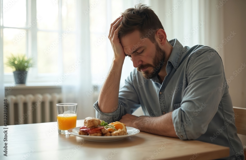 Naklejka premium Man with hand on forehead sits at table with plate of food and glass of juice. He looks upset, showing discomfort or lack of appetite. Maybe depressed, stressed or feeling unwell.