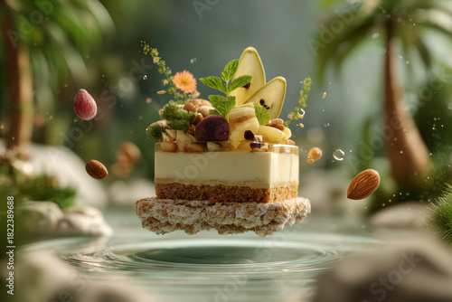 A cake with fruit on top is floating in the air