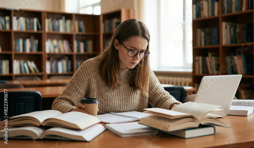 Estudiante joven concentrada estudiando en una biblioteca con libros
