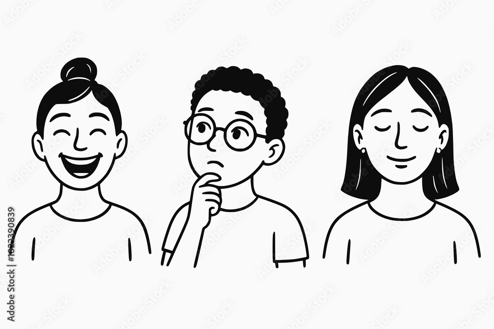 Naklejka premium Minimalist black and white cartoon trio showing cheerful, contemplative, and serene facial expressions through expressive line art.