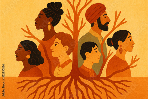Warm-toned illustration of diverse individuals gathered around a symbolic tree, representing unity, heritage, and cultural connection.