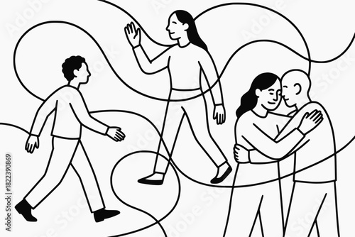 Minimalist black and white line drawing of four people interacting through flowing lines, symbolizing connection, communication, and social relationships.