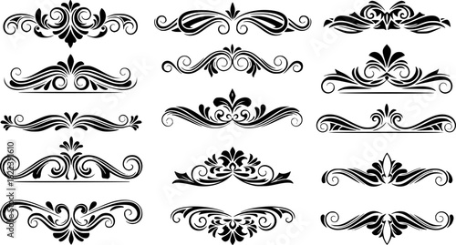 Set of decorative floral design elements with vintage scrolls and ornate borders
