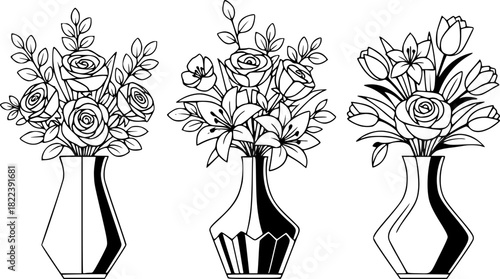 Elegant Floral Arrangements in Vases Black and White Line Art Illustrations
