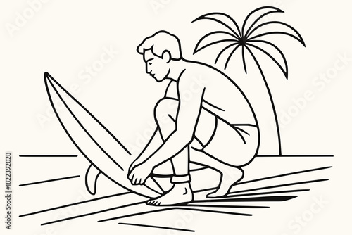 Minimalist black and white line drawing of a surfer crouched on the beach preparing a surfboard, evoking anticipation and coastal lifestyle.