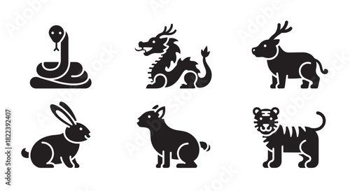 Chinese Zodiac Animals Set in Silhouette Style Lunar New Year Astrological Symbols