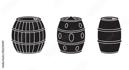 Barrel Silhouettes: Rustic Wood Containers in Simple Black and White Line Art