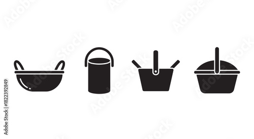 Basket Silhouettes: Diverse Black and White Designs for Baskets and Bowl