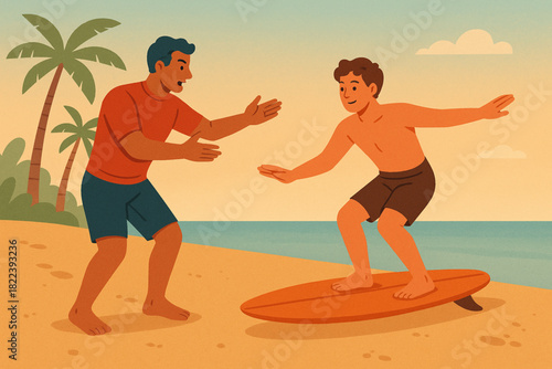 Warm-toned illustration of two people on the beach during a surf lesson, showing guidance, posture, and coastal interaction.
