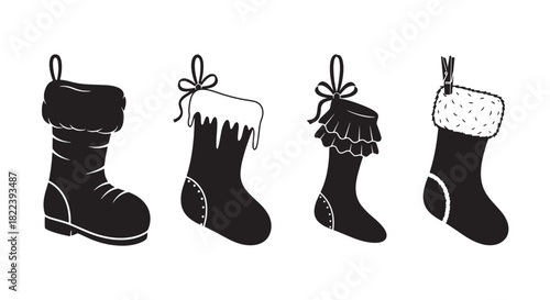 Stocking Silhouette Collection Decoration Ornament Festive Winter Holiday Season Symbol Graphic Design Element