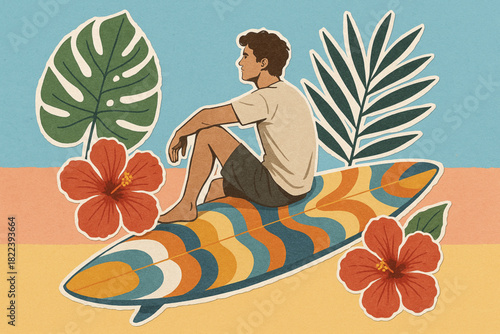 Colorful tropical illustration of a person meditating on a vibrant surfboard, surrounded by hibiscus flowers and lush leaves.