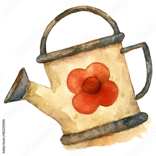 Watercolor Watering Can with Red Flower Illustration