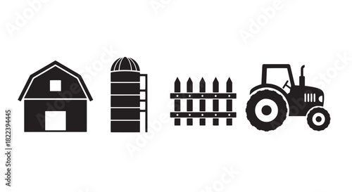 Farm Silhouette Collection Rural Scenery Barn Silo Fence Tractor Vehicle
