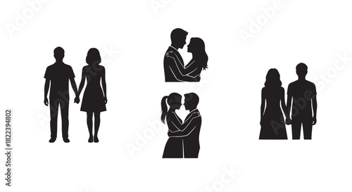 Couple Silhouette Collection: People Holding Hands and Embrace on White Background
