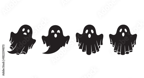 Collection of Silhouetted Ghost Characters Depicting Classic Halloween Symbol Isolated on White Background