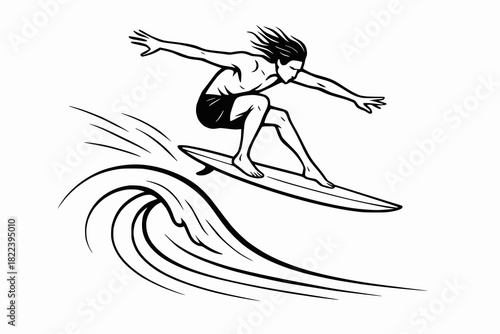 Minimalist black and white line drawing of a surfer airborne above a stylized wave, capturing motion, speed, and dynamic coastal energy.