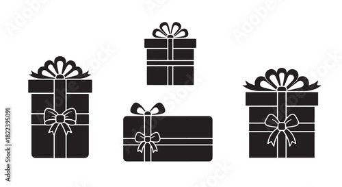 Variety of Present Packages With Bows Silhouettes for Festivities And Holiday Events Isolated on White Background
