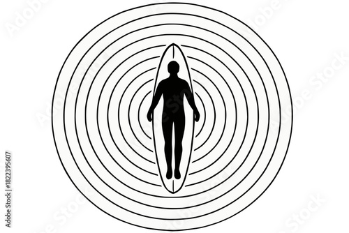 Minimalist black and white line illustration of a human figure within concentric waves, symbolizing energy, resonance, and personal space.
