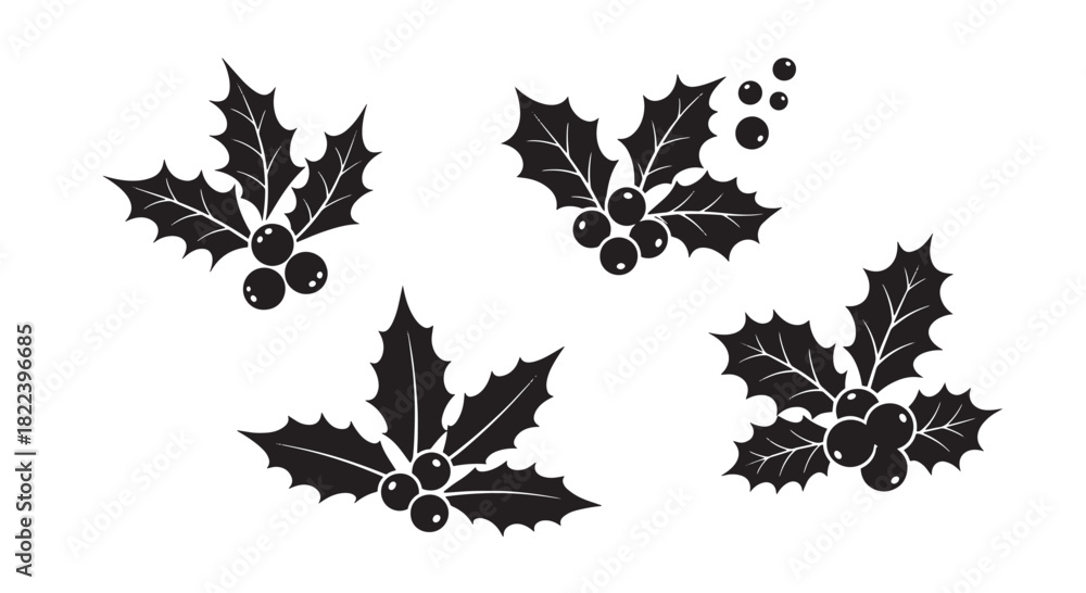 Naklejka premium Holly Berry Silhouette Set Vector Illustration Festive Plant Decoration Winter Season Celebrations
