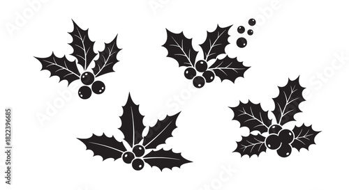Holly Berry Silhouette Set Vector Illustration Festive Plant Decoration Winter Season Celebrations