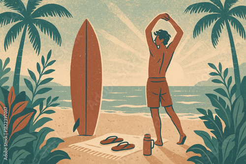 Warm-toned illustration of a surfer stretching on the beach at sunrise, with surfboard, towel, and tropical plants.