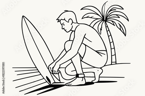 Minimalist black and white line drawing of a surfer crouched on the beach preparing a surfboard, evoking anticipation and coastal lifestyle.