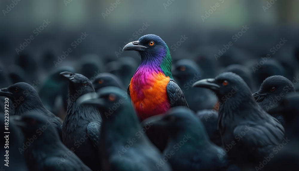 Fototapeta premium A colorful bird stands out from a flock of identical black birds. Its vibrant plumage is distinct against the dark, uniform group. The solitary bird is different, unique, and shines.
