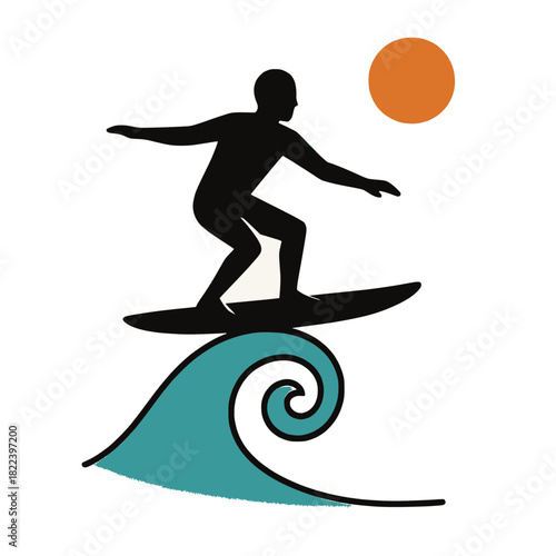 Minimalist graphic of a surfer silhouette riding a teal spiral wave under an orange sun, evoking motion and surf culture.