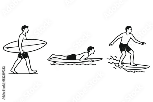 Minimalist black and white line drawing showing three stages of surfing: walking with board, paddling, and riding a wave.