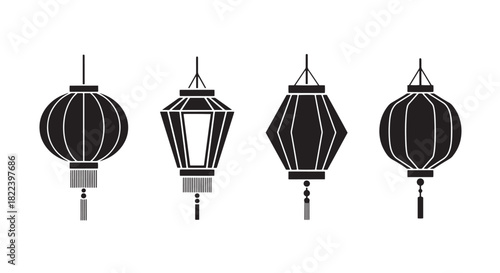 Asian Lantern Silhouette Collection Vector Oriental Decoration Design Cultural Ornament Chinese Japanese Light