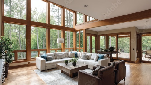 Fototapeta Naklejka Na Ścianę i Meble -  living room with large windows, forest view, wood accents, soft natural light