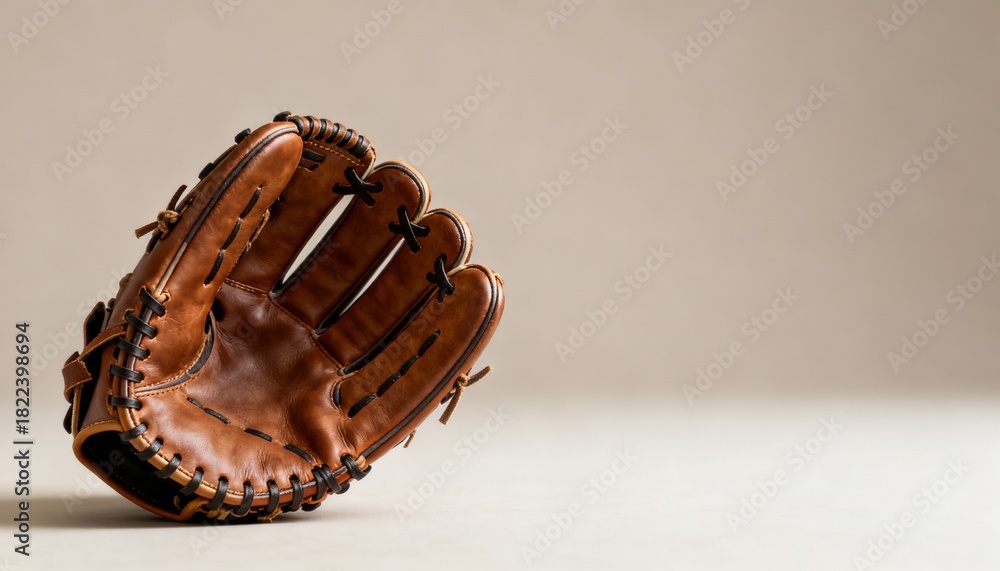 Fototapeta premium Vintage brown leather baseball glove resting on a neutral background, showcasing intricate stitching and craftsmanship, perfect for sports enthusiasts and collectors