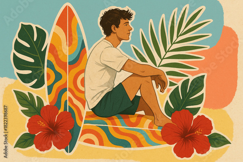 Colorful tropical illustration of a person meditating on a vibrant surfboard, surrounded by hibiscus flowers and lush leaves.