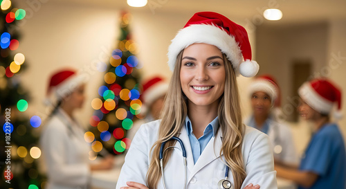 Cheerful doctor in Santa hat spreading holiday cheer at the hospital during Christmas, offering warm smiles and festive spirit, a perfect blend of care and joy
