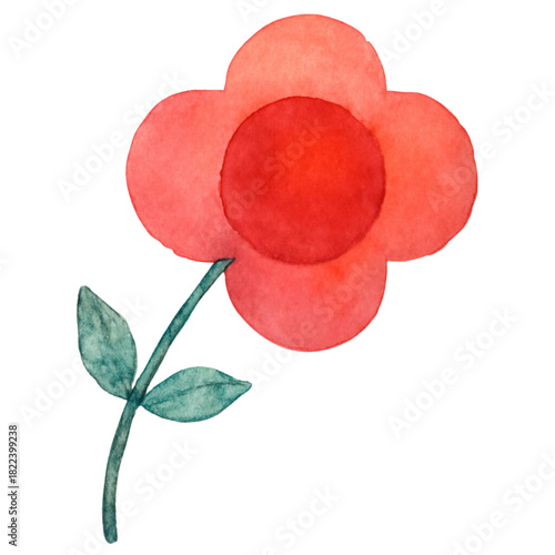 Simple Watercolor Red Flower with Green Stem