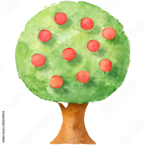 Watercolor Apple Tree with Red Apples