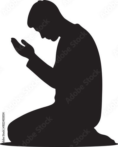 Silhouette of a person kneeling in prayer or worship, hands outstretched, head bowed in deep devotion, on a clean background.