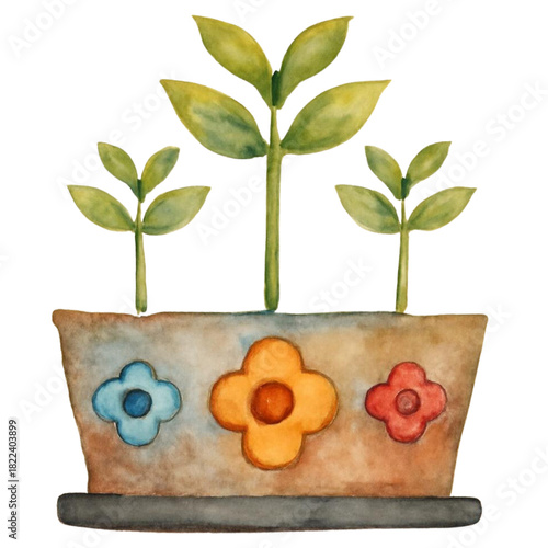 Watercolor Potted Plants with Decorative Pot