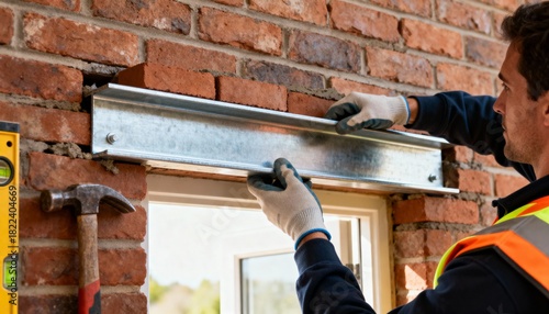 Skilled worker uses steel lintel to reinforce brick wall focusing on precise placement above a doorway for enhanced structural integrity