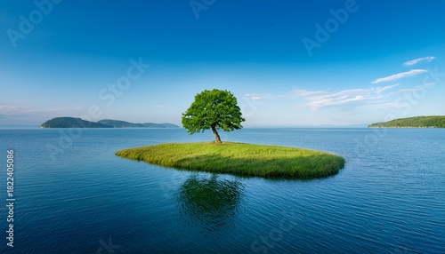 a single green tree stands tall on a small grassy island surrounded by calm water and smaller islands