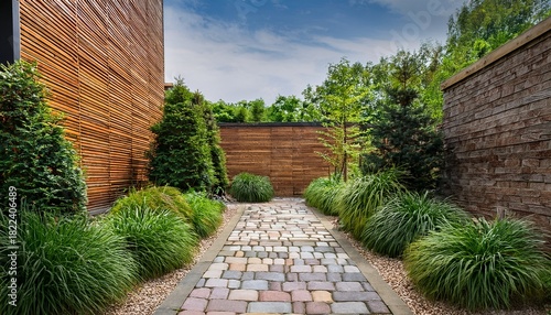 modern tranquil garden pathway featuring gravel and stone tiles framed by lush green plants and a backdrop of wooden and brick walls